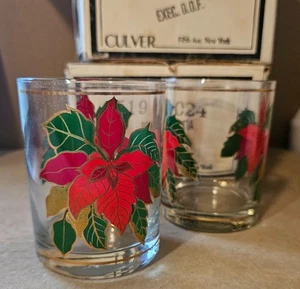 Culver Poinsettia Holiday Glasses Set of 4 Double Old Fashioned 14oz Vintage NEW - Picture 1 of 10