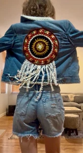3D DREAM CATCHER Denim Jacket Upcycled Boho Chic Vintage Retro Crochet Lace Sz S - Picture 1 of 10