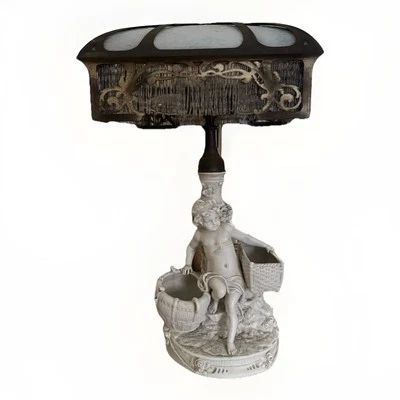 Vintage Antique European Cherub Lamp with glass chandelier detail - Image 1 of 4