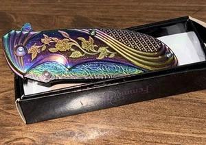 Epic Titanium ROSES Floral Handle Ornate Spring Assisted Pocket Knife - Picture 1 of 3