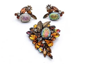 Set spilla e orecchini vintage ALICE CAVINESS lamina arte vetro topazio strass - Foto 1 di 8