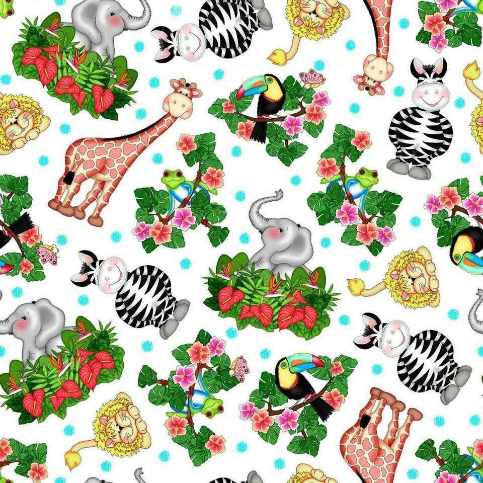 Bazooples Waterfall Animals Tossed on White 100% Cotton Fabric by the Yard - Image 1 of 1