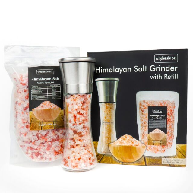 Willow & Everett Salt and Pepper Shakers & 1 Kg Himalayan Pink Salt Set -  Stainless Steel Refillable Grinders w/Kosher Rock Salt for Cooking