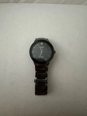 Men's Black Watch Geneva Diamond and Calander Black Faux Leather Band NEW - Image 1 of 4