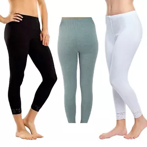 REDUCED* Women`s Lace Edge Leggings Cotton Full Length Lace Trimmed Long Legging - Picture 1 of 6
