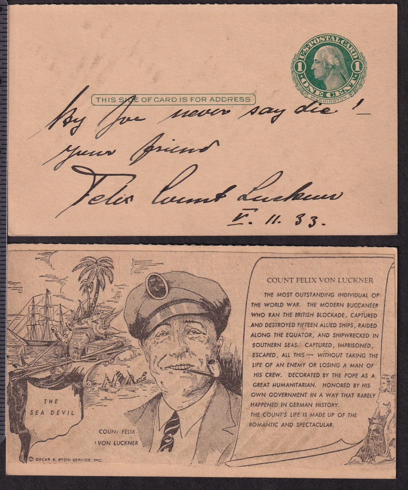 1933 Conde Felix von Luckner firma y nota personal en tarjeta postal (D Foto 1 de 1