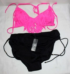 Ladies/Teens 2Pc. Swimsuit Set Black & Pink Fringe Size Large - Picture 1 of 3