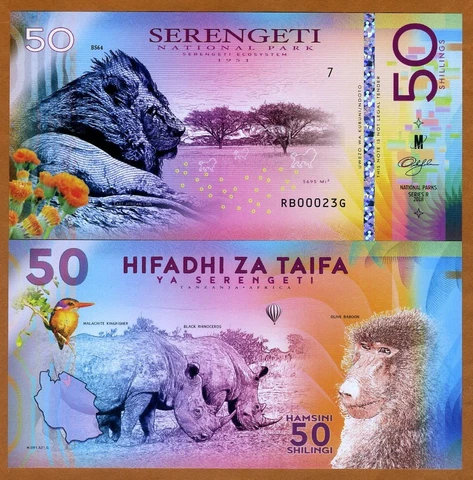 Tanzania, Serengeti National Park, 50 Shillings, Polymer, 2018 Lion, Rhino Cover