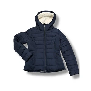 Hollister Puffer Jacket Sherpa Lined Hooded Winter Coat Navy Blue Size M - Picture 1 of 10