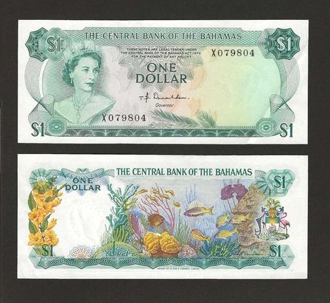 BAHAMAS $1 Dollar 1974, P-35a Donaldson, Prefix-X, Original AU. QEII Note Cover