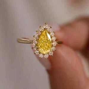 Ausgefallener lebendiger gelber Diamantring 1,70 kt Birnenschliff im Labor gezüchtet 14 K Gelbgold IGI - Bild 1 von 7