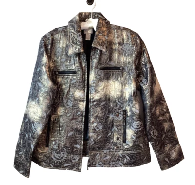 Jaqueta Chico's Feminina Tamanho 2 Jacquard Metálica Zíper Frontal Floral Brocado Fada - Imagem 1 de 4