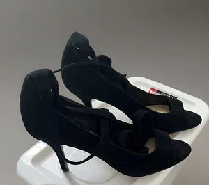 Saks Fifth Avenue “Clara” Ankle Lace Black Suede Tie Up Heels Women's Size 7 - Picture 1 of 13