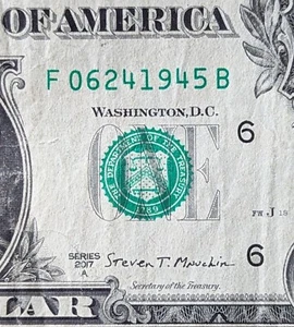 2017 A $1 bill fancy serial, birthday date note June 24, 1945. F 06241945 B - Picture 1 of 3