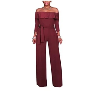 Damen Rüschen Overlay Schulterfrei Weites Bein Langarm Jumpsuit mit Gürtel L - Bild 1 von 6