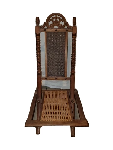 Antique Victorian Walnut & Cane Carved Folding Chair / Deck Chair - Rare Cover