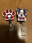 Set Of 2 Red Dog Badge Reel Slide Clip Plaid Paw and Dog With Glasses and Bow
