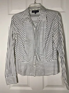 Jones New York Signature Women's Button-Up Blouse White W/ Black Stripes Pleated - Picture 1 of 3