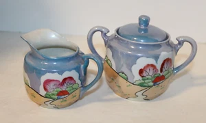 Vintage Iredescent Lusterware/Japan/ Blue/Peach Sugar Bowl With Lid & Creamer - Picture 1 of 10