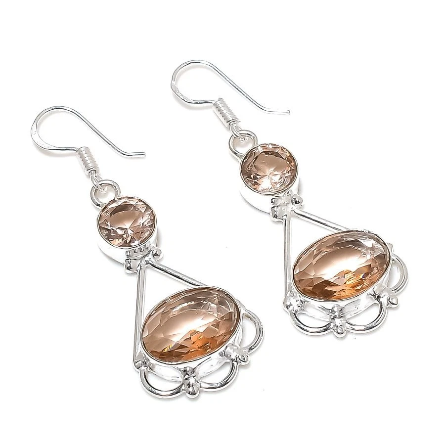 Peach Morganite Gemstone Handmade 925 Sterling Silver Jewelry Earring Size 2." - Image 1 of 1