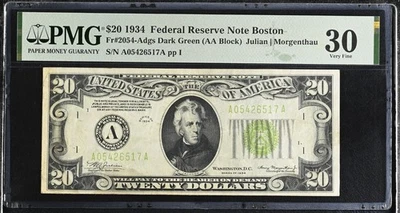 1934 -$20 Federal Reserve Note Boston 2054-Adgs Dark Green- PMG 30 - Image 1 of 2