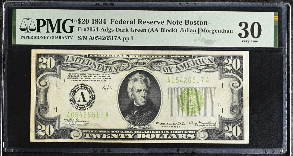 1934 -$20 Federal Reserve Note Boston 2054-Adgs Dark Green- PMG 30 - Image 1 of 2