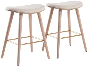Saddle 25" Cream Fabric Wood Counter Stools Set of 2 - Picture 1 of 1