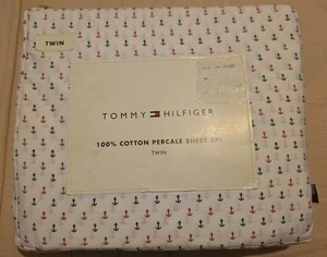 Tommy Hilfiger 100% Cotton TWIN 3 Piece Sheet Set Anchor Print Nautical NEW - Picture 1 of 2