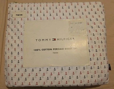 Tommy Hilfiger 100% Cotton TWIN 3 Piece Sheet Set Anchor Print Nautical NEW - Image 1 of 2