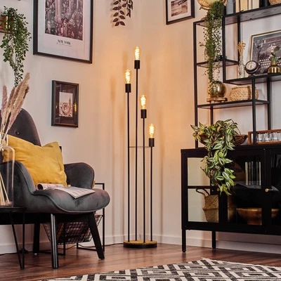 HOFSTEIN Stehlampe Metall Holz mit Fußschalter Moderne Retro Stehleuchte für Wohnzimmer