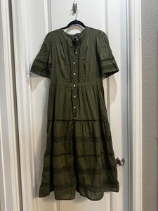 GAP Green Tiered Maxi Shirt Dress Large Eyelet Split Vneck Short Sleeve Cotton - Picture 1 of 11