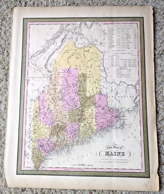 Mapa del Estado de Maine 1849 Vintage ORIGINAL Antiguo Mitchell Atlas 14" x 17.5" EE. UU. Foto 1 de 4