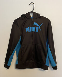 Puma Boys Size Large Logo Polyester Fleece Hoodie Jacket Black With Blue Trim