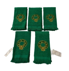 5 Finger Tip Green Christmas Embroidered Fringed Cotton Towels Wreath Vintage - Picture 1 of 12
