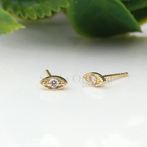 0.04Ct Natural Diamond Mini Evil Eye Stud Earrings 14K Yellow Gold Studs Jewelry - Picture 1 of 5