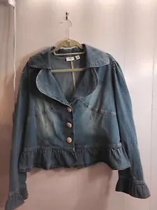 CATO Womens Size 18/20 W Blue Denim Jean Jacket Ruffle Hem Large Buttons - Picture 1 of 5