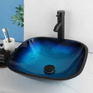 17" Square Blue Bathroom Vessel Sink Tempered Glass Basin Mixer Pop Up Drain Tap - Picture 1 of 13