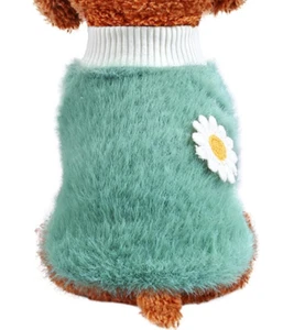 Green Dog Sweater for Small Dogs/Cats Soft Fashionable Cute Plush Shirt w Daisy - Picture 1 of 7
