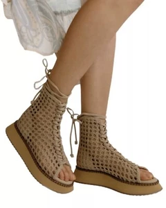 Free People Luca Lace Up Sandals Women's 7 Woven Suede Tan Gladiator NIB - Picture 1 of 18