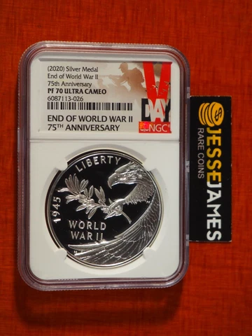 2020 SILVER MEDAL END OF WORLD WAR II NGC PF70 ULTRA CAMEO VDAY LABEL 1 OZ Cover
