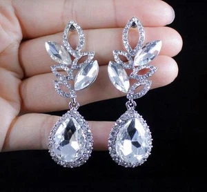 FLORAL DROP DANGLE CLEAR AUSTRIAN CRYSTAL RHINESTONE CHANDELIER EARRINGS E923S - Picture 1 of 3