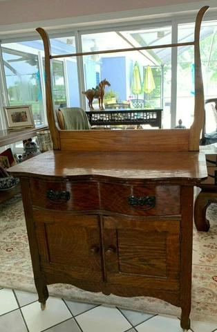 ANTIQUE RARE SERPENTINE OAK WISHBONE WASH STAND DRESSER COMMODE TOWEL BAR CHEST Cover