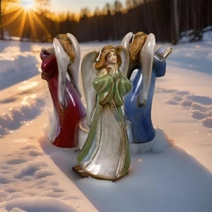 Portacandele Tre Angeli Vintage Blu Rosso Verde Ceramica Natale Festività Gioia - Foto 1 di 6