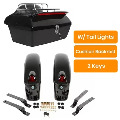 NEW Motorcycle Saddle Bags + Luggage Trunk Tail Box Led Light For Harley Honda - Image 1 of 4