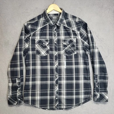 Camisa BKE Para Hombres Grande Gris Marino A Cuadros Ajuste Estándar Perla A Presión Vaquero Occidental Foto 1 de 4