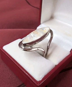 Vintage Modernist Marquise Rainbow Moonstone Sterling Silver 925 Ring Size 8.75 - Picture 1 of 8