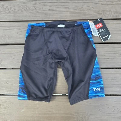 Jammer de corrida TYR Durafast Elite Lambent Blade preto/azul emenda, menino tamanho 24, NOVO - Imagem 1 de 3