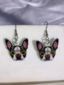 Boston Terrier Dog Dangle Earrings Colorful Frenchie FUN!!! - Picture 1 of 2