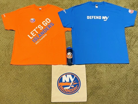 NEW YORK ISLANDERS 2021 PLAYOFFS BUNDLE 2 T-SHIRTS XL CANVAS BAG WATER BOTTLE Cover