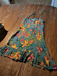 Small Tie Spaghetti Strap Shirred Back Floral Tropical Rayon Dress Sundress - Picture 1 of 4
